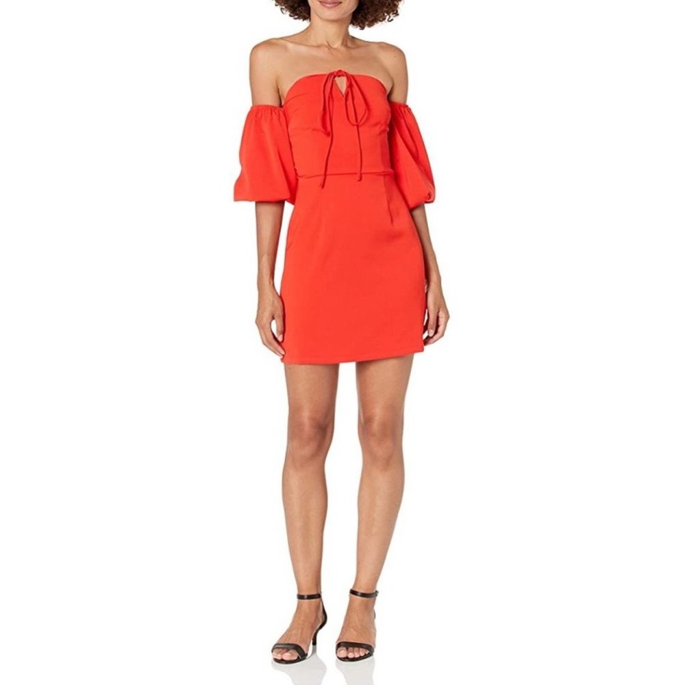 J.O.A. Red Puff Sleeves Elegant Off-Shoulder Dress